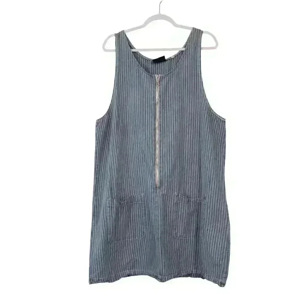 Vintage Chambray Denim Dress Size 20 Jumper Striped 90s Y2K Grunge Half Zip